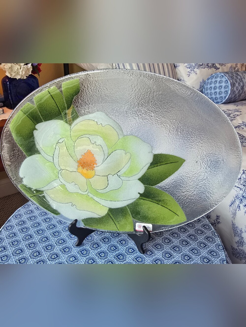 NWT Peggy Karr Hand-Painted Magnolia Glass Serving Platter
